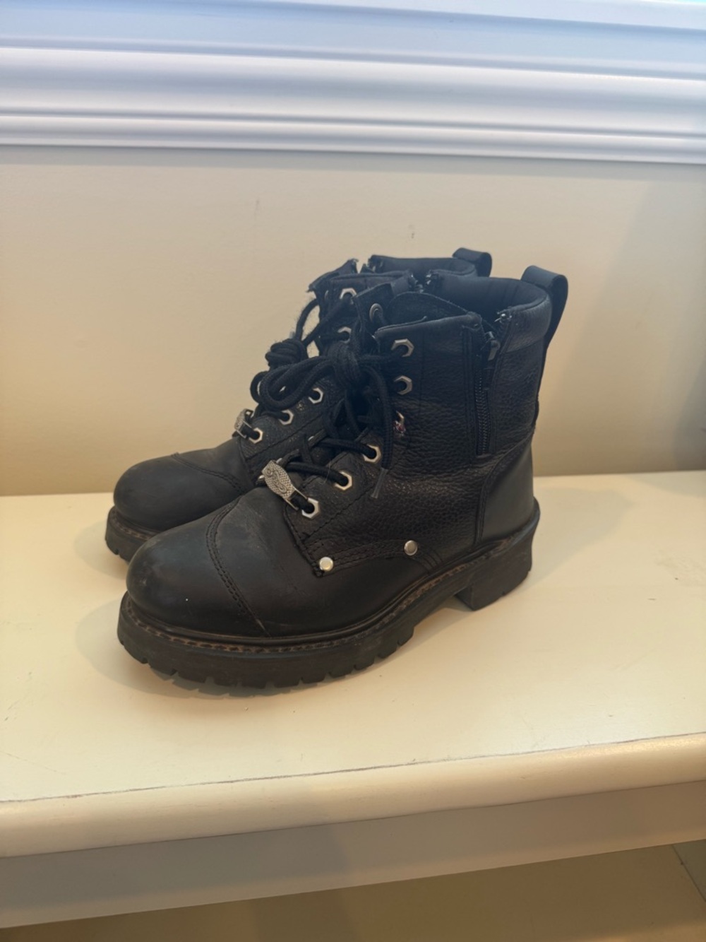 Black Leather Lace-Up Combat/Moto Boots
